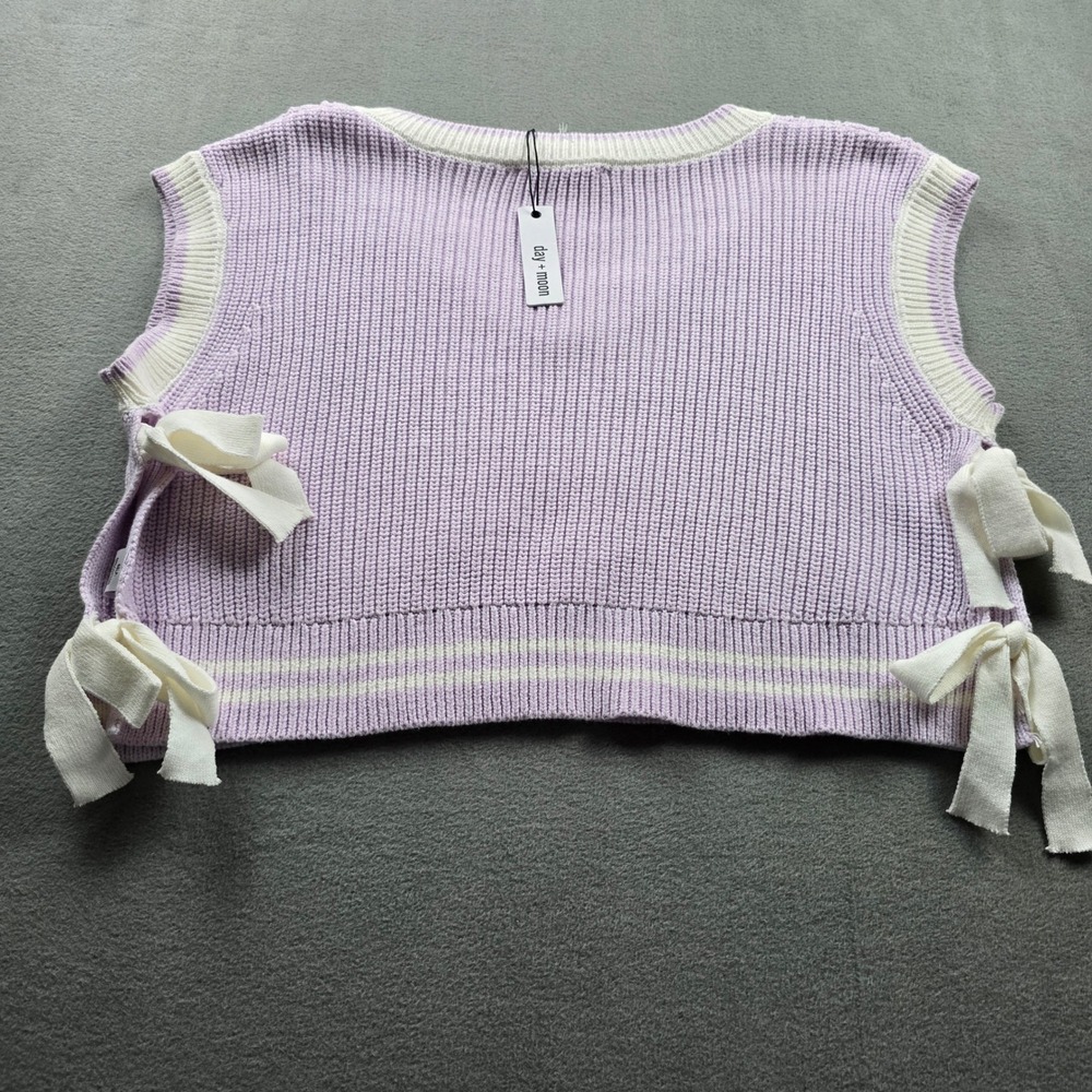 Day + Moon Lavender Cable Knit Sweater Vest Side Bow Ties V-Neck Large A2943 - Picture 7 of 8